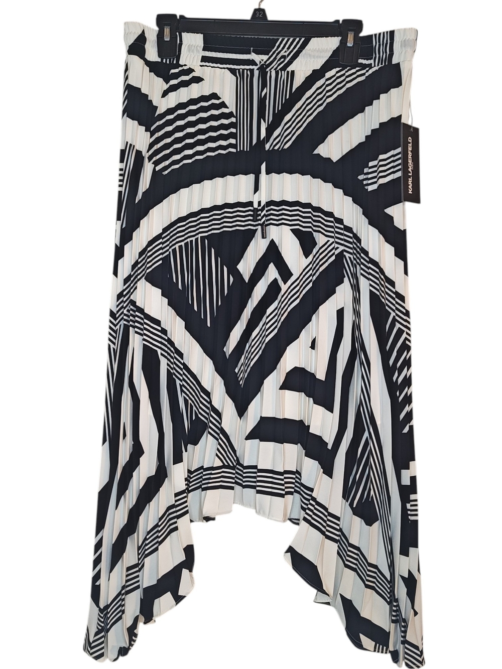 Karl Lagerfeld Paris Pleated Asymmetric Midi Skirt Black White Geometric L NWT